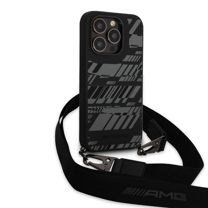 Apple iPhone 14 Pro Kılıf AMG Liquid Silikon Strap Telefon Askılı Grafik Dizayn Kapak Siyah