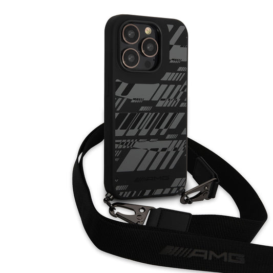 Apple iPhone 14 Pro Kılıf AMG Liquid Silikon Strap Telefon Askılı Grafik Dizayn Kapak Siyah