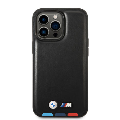 Apple iPhone 14 Pro Kılıf BMW M-safe Şarj Özellikli PU Deri 3 Renkli Logolu Dizayn Kapak Siyah