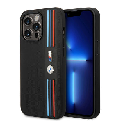 Apple iPhone 14 Pro Kılıf BMW PU Deri 3 Renkli Çizgili Örgü Dizayn Kapak Siyah