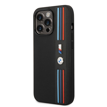Apple iPhone 14 Pro Kılıf BMW PU Deri 3 Renkli Çizgili Örgü Dizayn Kapak Siyah
