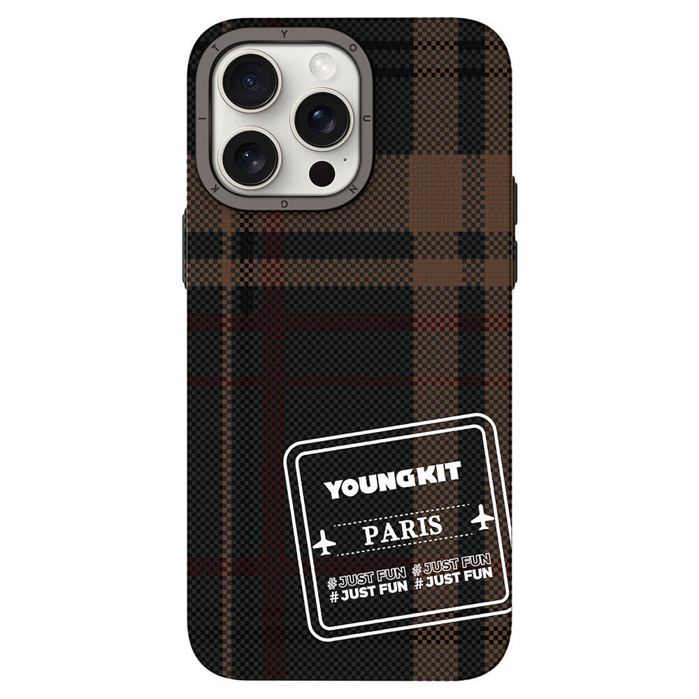 Apple iPhone 14 Pro Plaid Patterned Youngkit Gezhi Series Cover Brown 