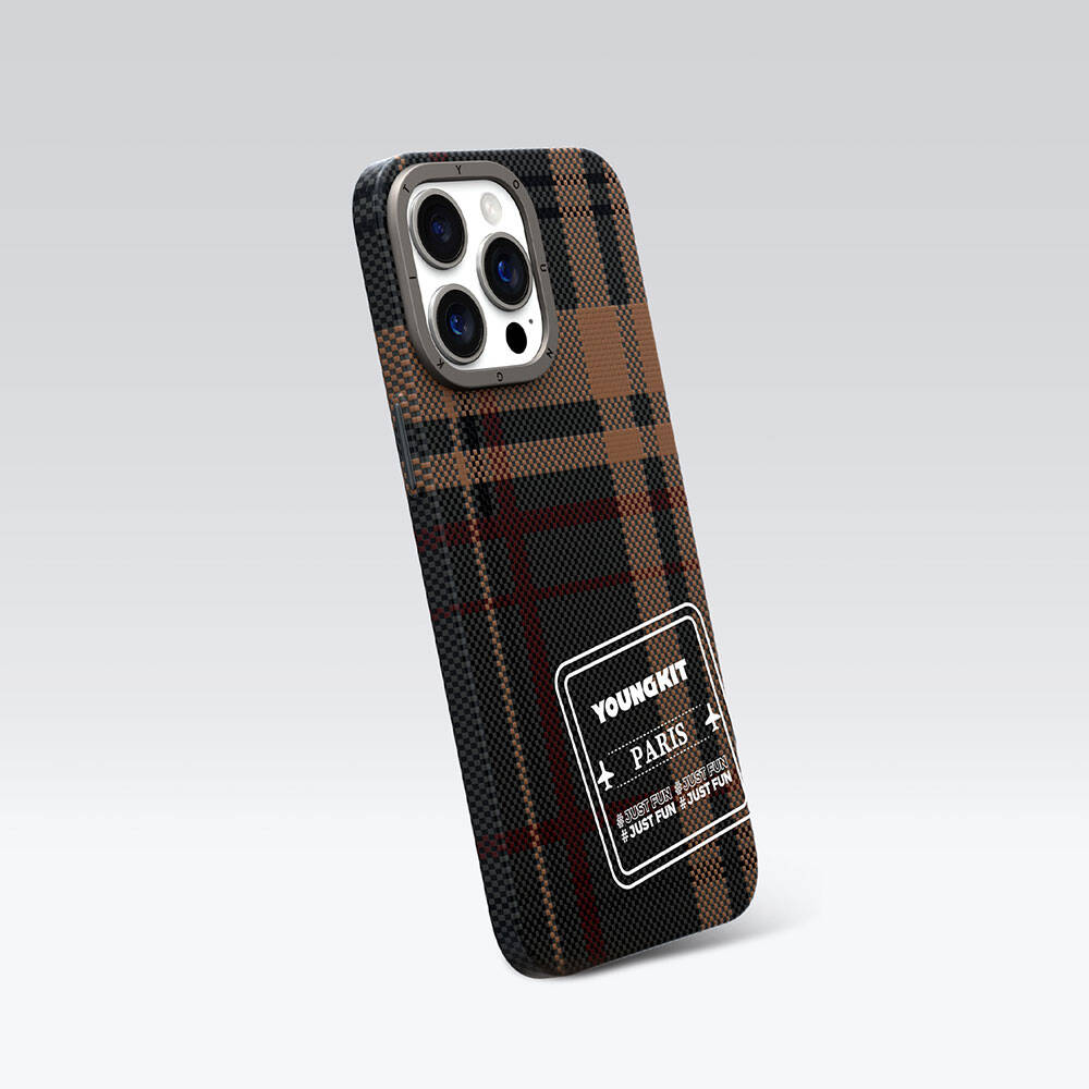 Apple iPhone 14 Pro Plaid Patterned Youngkit Gezhi Series Cover Brown 