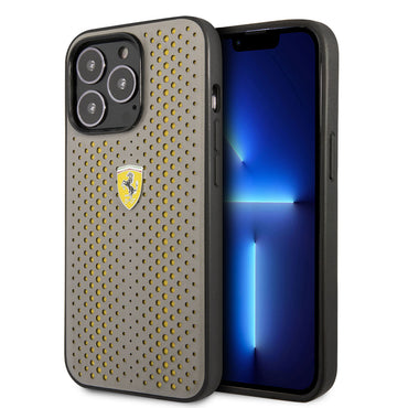 Apple iPhone 14 Pro Kılıf Ferrari Deri Sarı Noktalı Dizayn Kapak Sarı