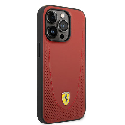 Apple iPhone 14 Pro Kılıf Ferrari M-safe Şarj Özellikli Deri Delikli Dikişli Dizayn Kapak Kırmızı