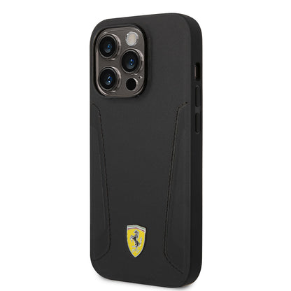 Apple iPhone 14 Pro Kılıf Ferrari M-safe Şarj Özellikli Deri Kenarları Damgalı Dizayn Kapak Siyah