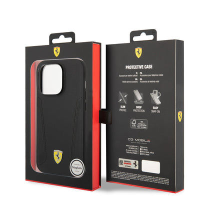 Apple iPhone 14 Pro Kılıf Ferrari M-safe Şarj Özellikli Deri Kenarları Damgalı Dizayn Kapak Siyah