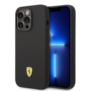 Apple iPhone 14 Pro Kılıf Ferrari M-safe Şarj Özellikli Silikon Metal Logo Dizayn Kapak Siyah