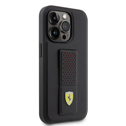Apple iPhone 14 Pro Kılıf Ferrari Orjinal Lisanlı Klasik Metal Logolu Delikli Standlı Deri Kapak Siyah