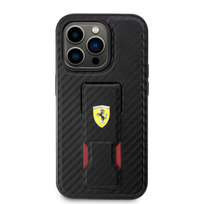 Apple iPhone 14 Pro Kılıf Ferrari Orjinal Lisanlı Klasik Metal Logolu Delikli Standlı Karbon Kapak Siyah