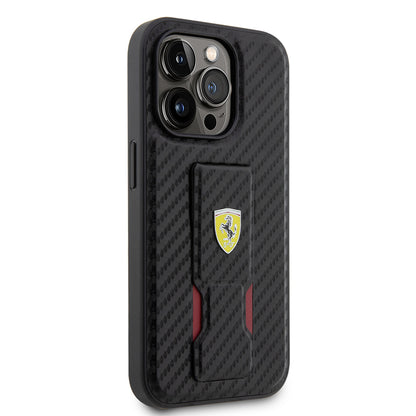 Apple iPhone 14 Pro Kılıf Ferrari Orjinal Lisanlı Klasik Metal Logolu Delikli Standlı Karbon Kapak Siyah