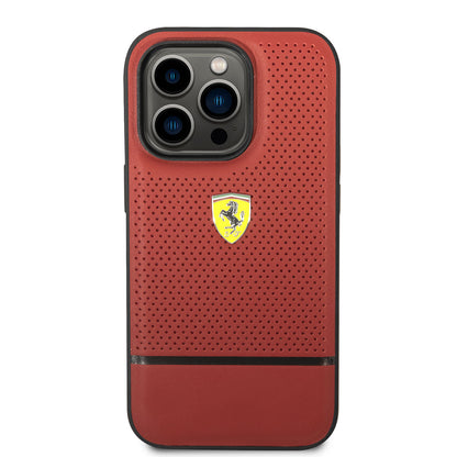 Apple iPhone 14 Pro Kılıf Ferrari Orjinal Lisanslı Deri Delikli Ve Çizgili Dizayn Kapak Kırmızı