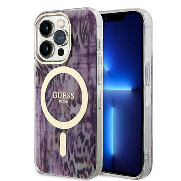 Apple iPhone 14 Pro Case GUESS M-safe Charging Feature Leopard Pattern Cover Blue