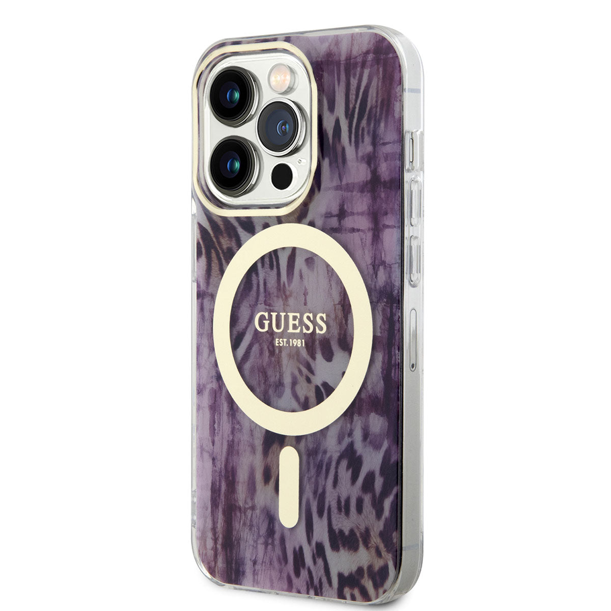Apple iPhone 14 Pro Case GUESS M-safe Charging Feature Leopard Pattern Cover Blue