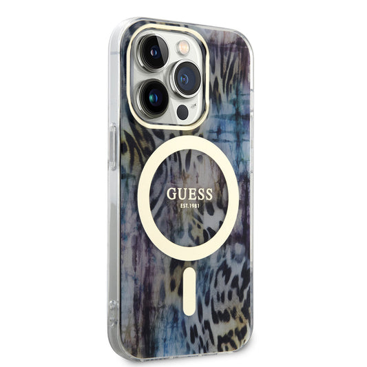 Apple iPhone 14 Pro Case GUESS M-safe Charging Feature Leopard Pattern Cover Blue