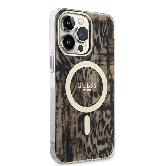 Apple iPhone 14 Pro Case GUESS M-safe Charging Feature Leopard Pattern Cover Brown