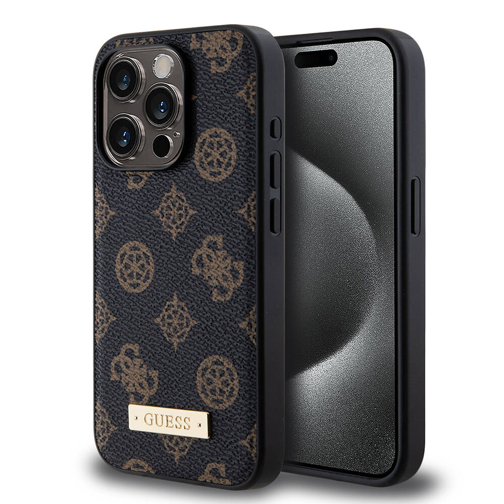 Apple iPhone 14 Pro Case Guess M-safe Charging Function PU Leather Patterned Metal Plate Logo Cover Black