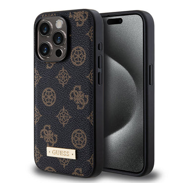 Apple iPhone 14 Pro Case Guess M-safe Charging Function PU Leather Patterned Metal Plate Logo Cover Black