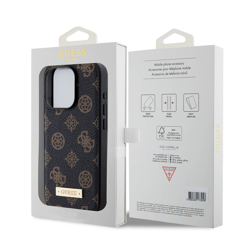 Apple iPhone 14 Pro Case Guess M-safe Charging Function PU Leather Patterned Metal Plate Logo Cover Black