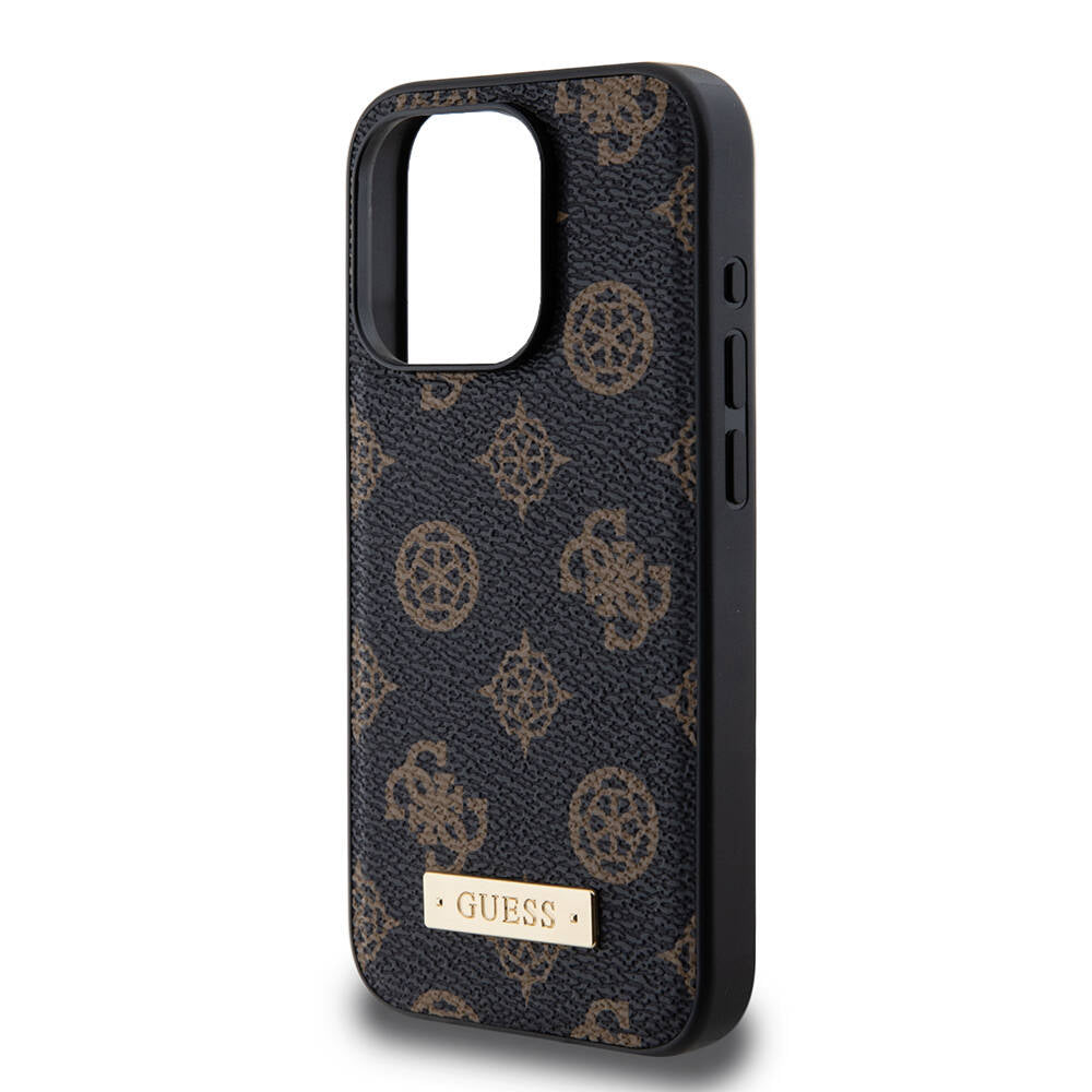 Apple iPhone 14 Pro Case Guess M-safe Charging Function PU Leather Patterned Metal Plate Logo Cover Black