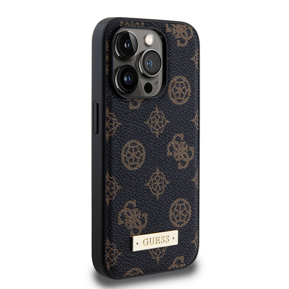 Apple iPhone 14 Pro Case Guess M-safe Charging Function PU Leather Patterned Metal Plate Logo Cover Black