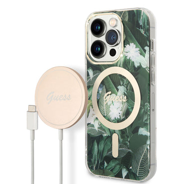 Apple iPhone 14 Pro Case GUESS M-Safe Charging Feature Leaf Pattern Cover with M-Safe Charging Cable Green