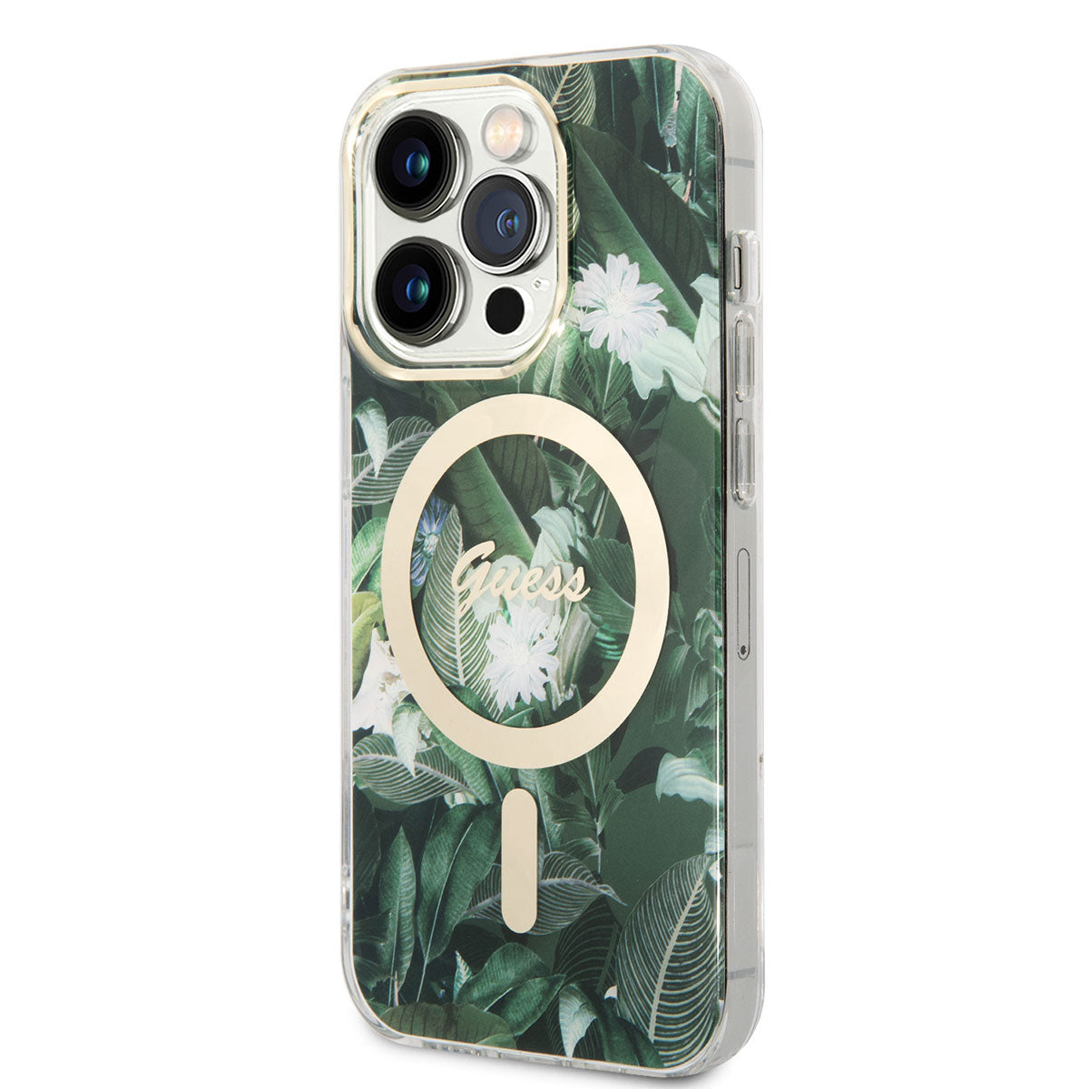 Apple iPhone 14 Pro Case GUESS M-Safe Charging Feature Leaf Pattern Cover with M-Safe Charging Cable Pink