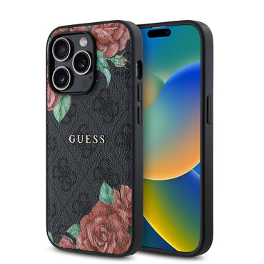 Apple iPhone 14 Pro Case Guess Original Licensed M-safe Charging Feature Rose Printed 4G Patterned Text Logo Cover Brown