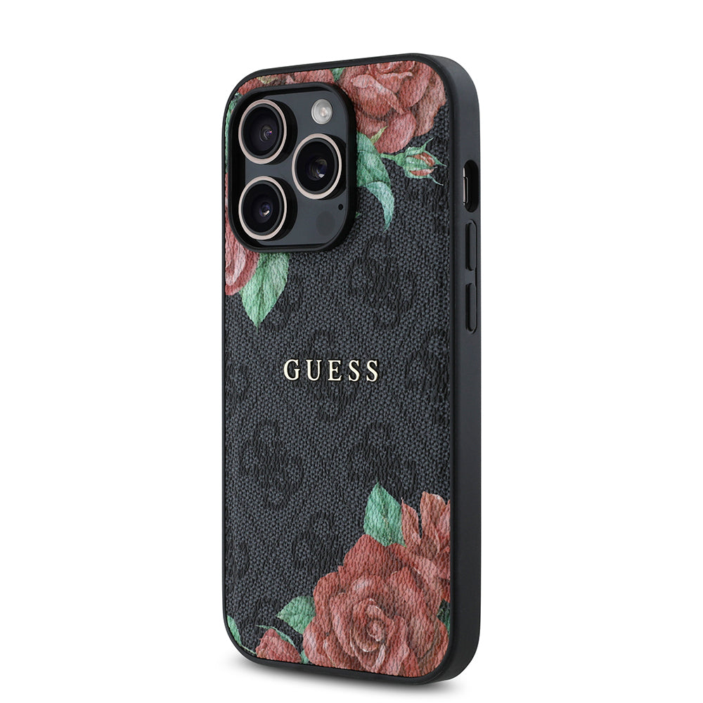 Apple iPhone 14 Pro Case Guess Original Licensed M-safe Charging Feature Rose Printed 4G Patterned Text Logo Cover Black