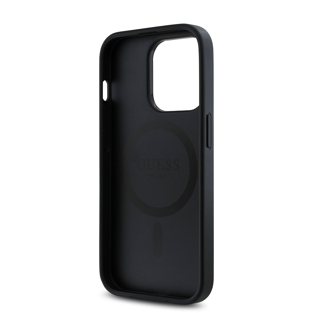 Apple iPhone 14 Pro Case Guess Original Licensed M-safe Charging Feature Rose Printed 4G Patterned Text Logo Cover Black