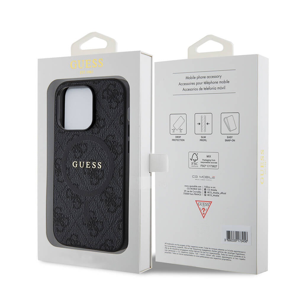 Apple iPhone 14 Pro Case Guess Original Licensed M-safe Charging Feature PU Ring 4G Patterned Text Logo Cover Brown