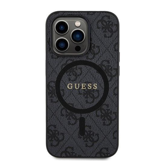 Apple iPhone 14 Pro Case Guess Original Licensed M-safe Charging Feature PU Ring 4G Patterned Text Logo Cover Black