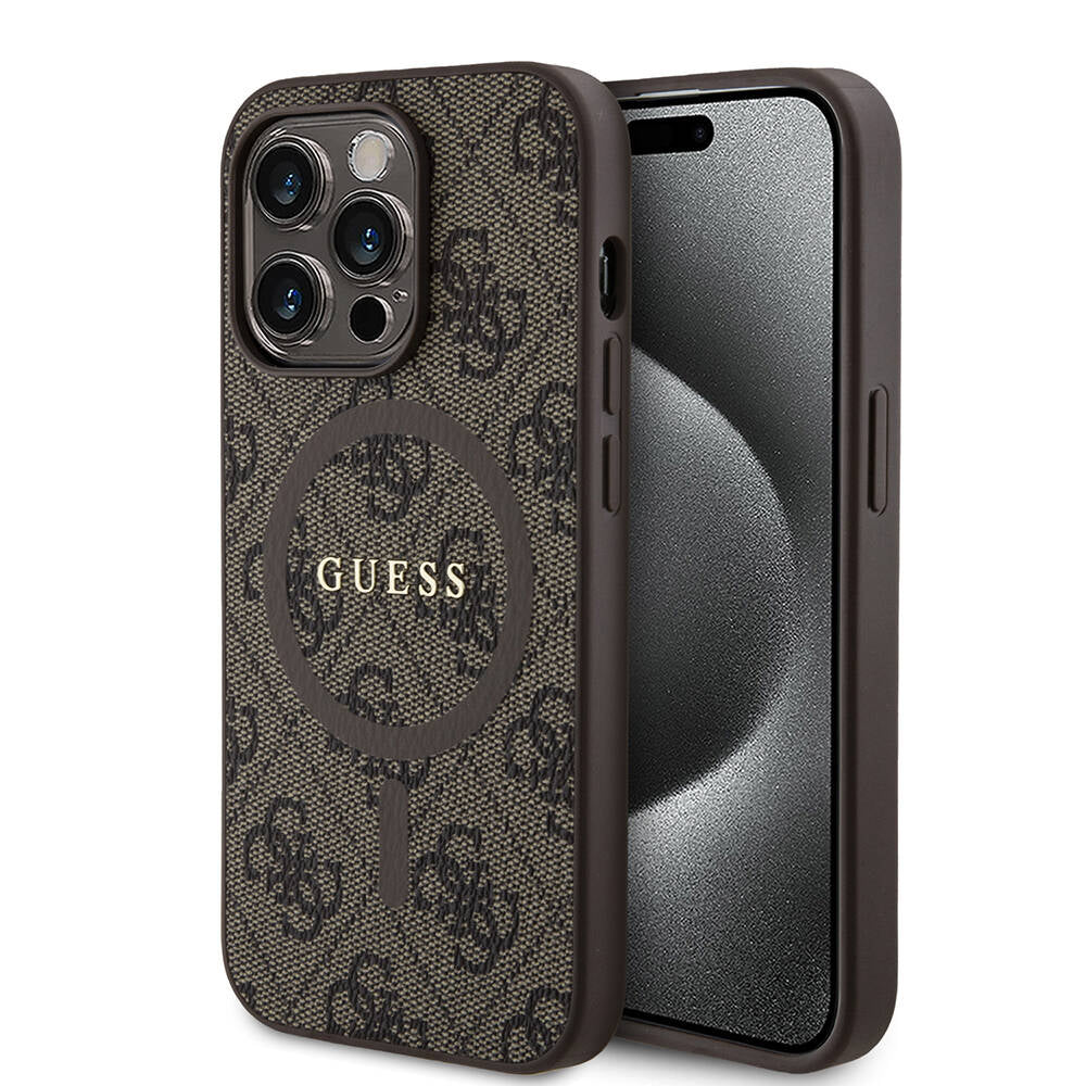 Apple iPhone 14 Pro Case Guess Original Licensed M-safe Charging Feature PU Ring 4G Patterned Text Logo Cover Pink