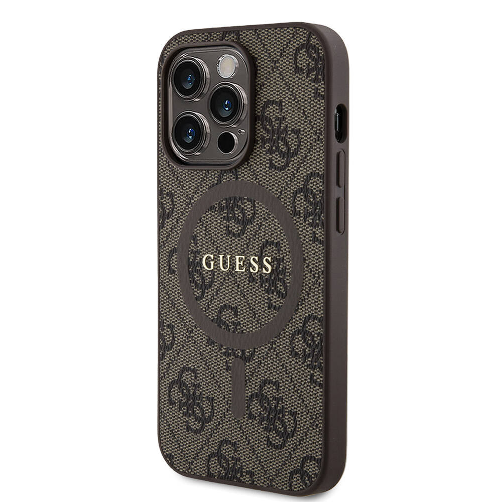 Apple iPhone 14 Pro Case Guess Original Licensed M-safe Charging Feature PU Ring 4G Patterned Text Logo Cover Pink