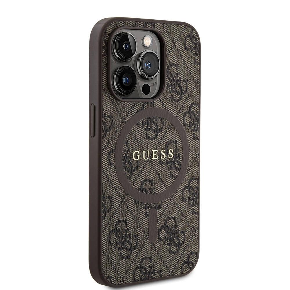 Apple iPhone 14 Pro Case Guess Original Licensed M-safe Charging Feature PU Ring 4G Patterned Text Logo Cover Brown