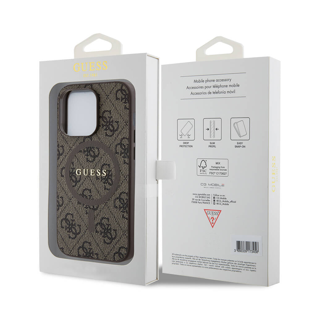 Apple iPhone 14 Pro Case Guess Original Licensed M-safe Charging Feature PU Ring 4G Patterned Text Logo Cover Brown