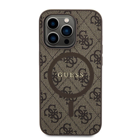 Apple iPhone 14 Pro Case Guess Original Licensed M-safe Charging Feature PU Ring 4G Patterned Text Logo Cover Brown