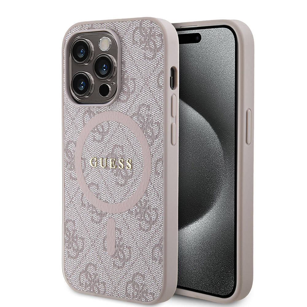 Apple iPhone 14 Pro Case Guess Original Licensed M-safe Charging Feature PU Ring 4G Patterned Text Logo Cover Pink