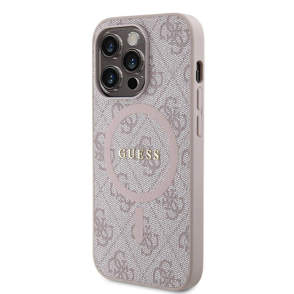 Apple iPhone 14 Pro Case Guess Original Licensed M-safe Charging Feature PU Ring 4G Patterned Text Logo Cover Brown