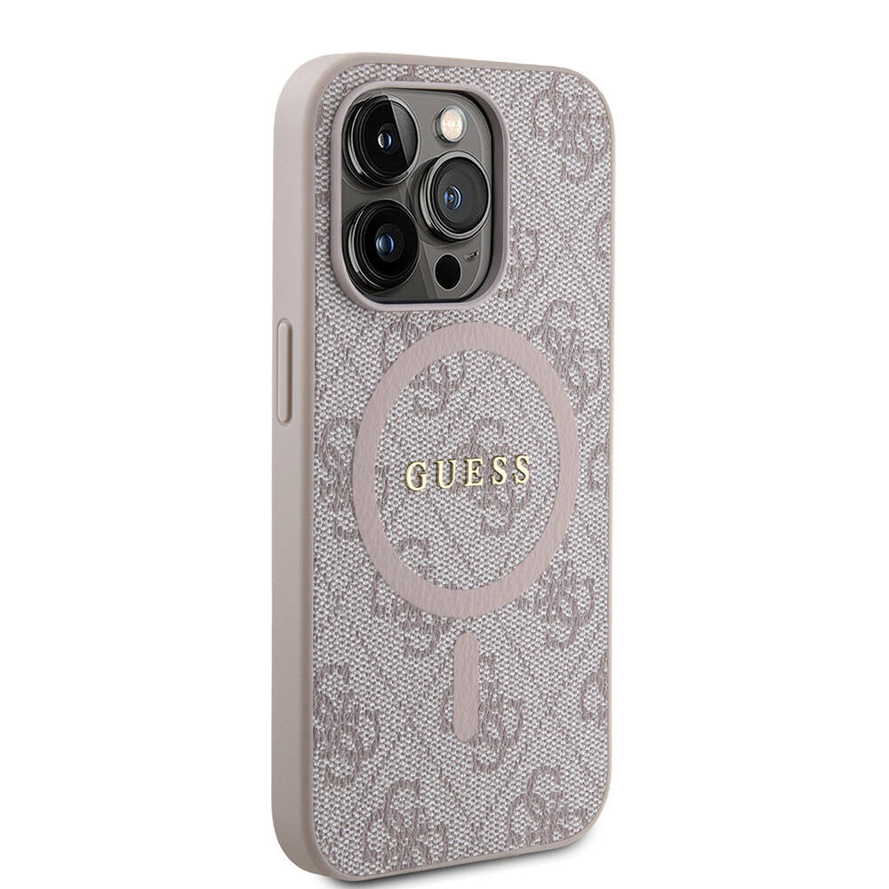 Apple iPhone 14 Pro Case Guess Original Licensed M-safe Charging Feature PU Ring 4G Patterned Text Logo Cover Pink