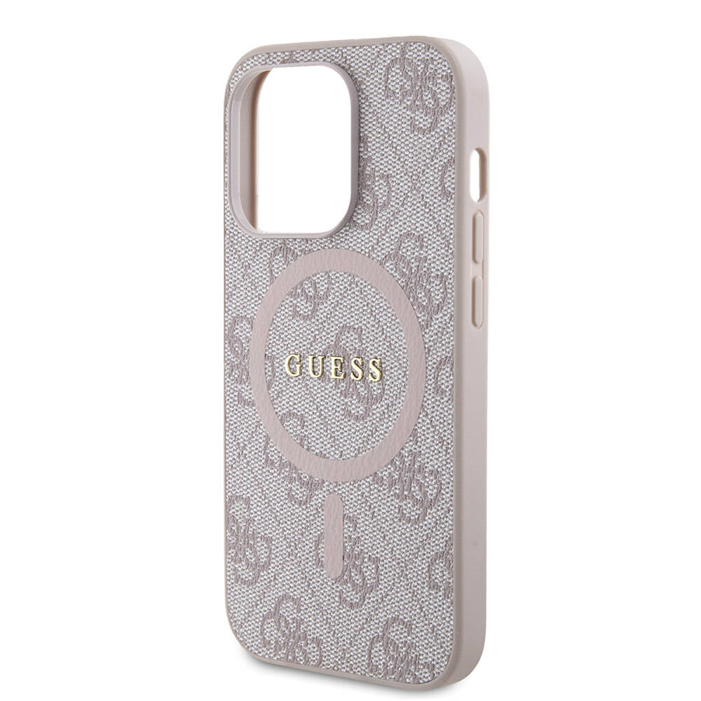 Apple iPhone 14 Pro Case Guess Original Licensed M-safe Charging Feature PU Ring 4G Patterned Text Logo Cover Pink