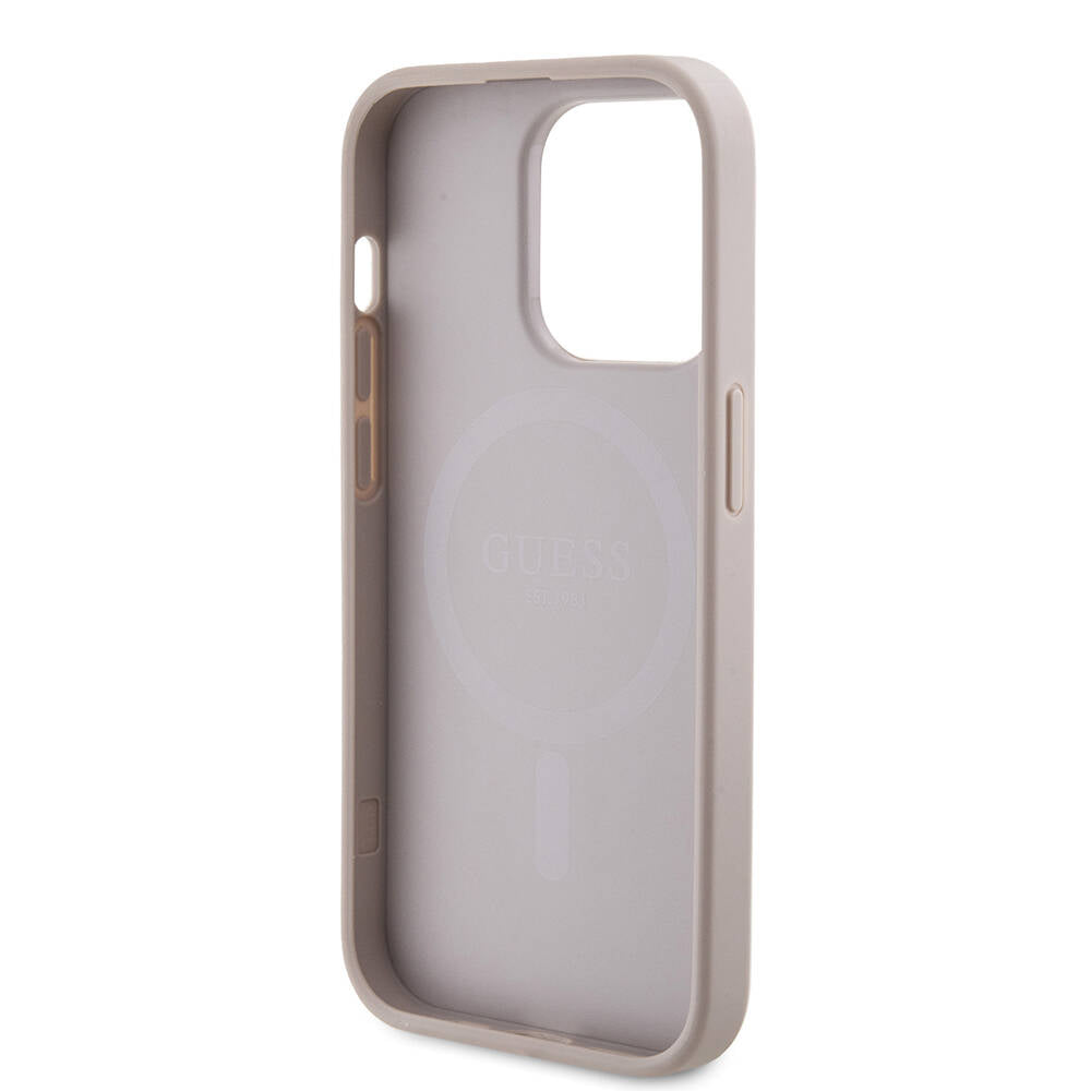 Apple iPhone 14 Pro Case Guess Original Licensed M-safe Charging Feature PU Ring 4G Patterned Text Logo Cover Brown