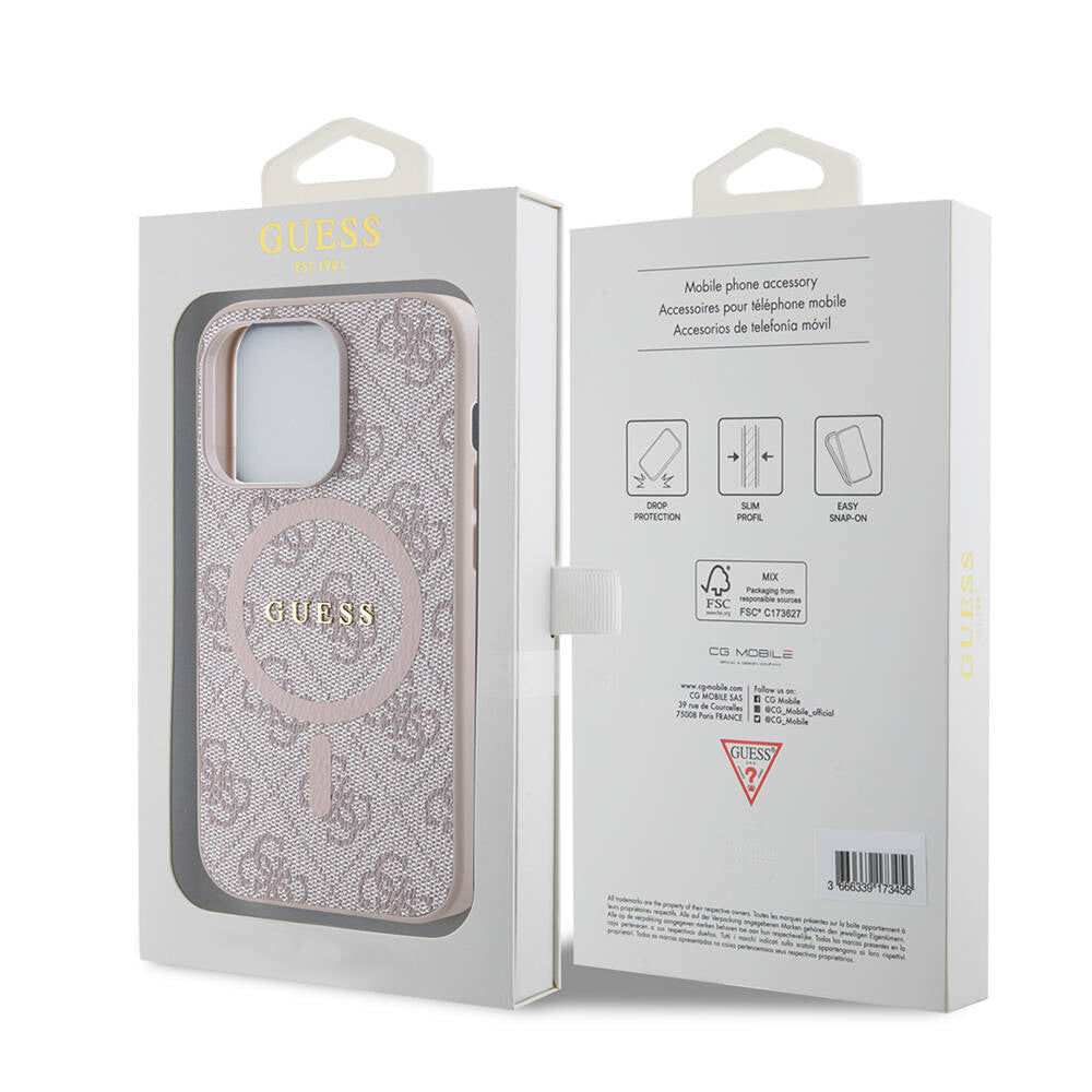 Apple iPhone 14 Pro Case Guess Original Licensed M-safe Charging Feature PU Ring 4G Patterned Text Logo Cover Brown