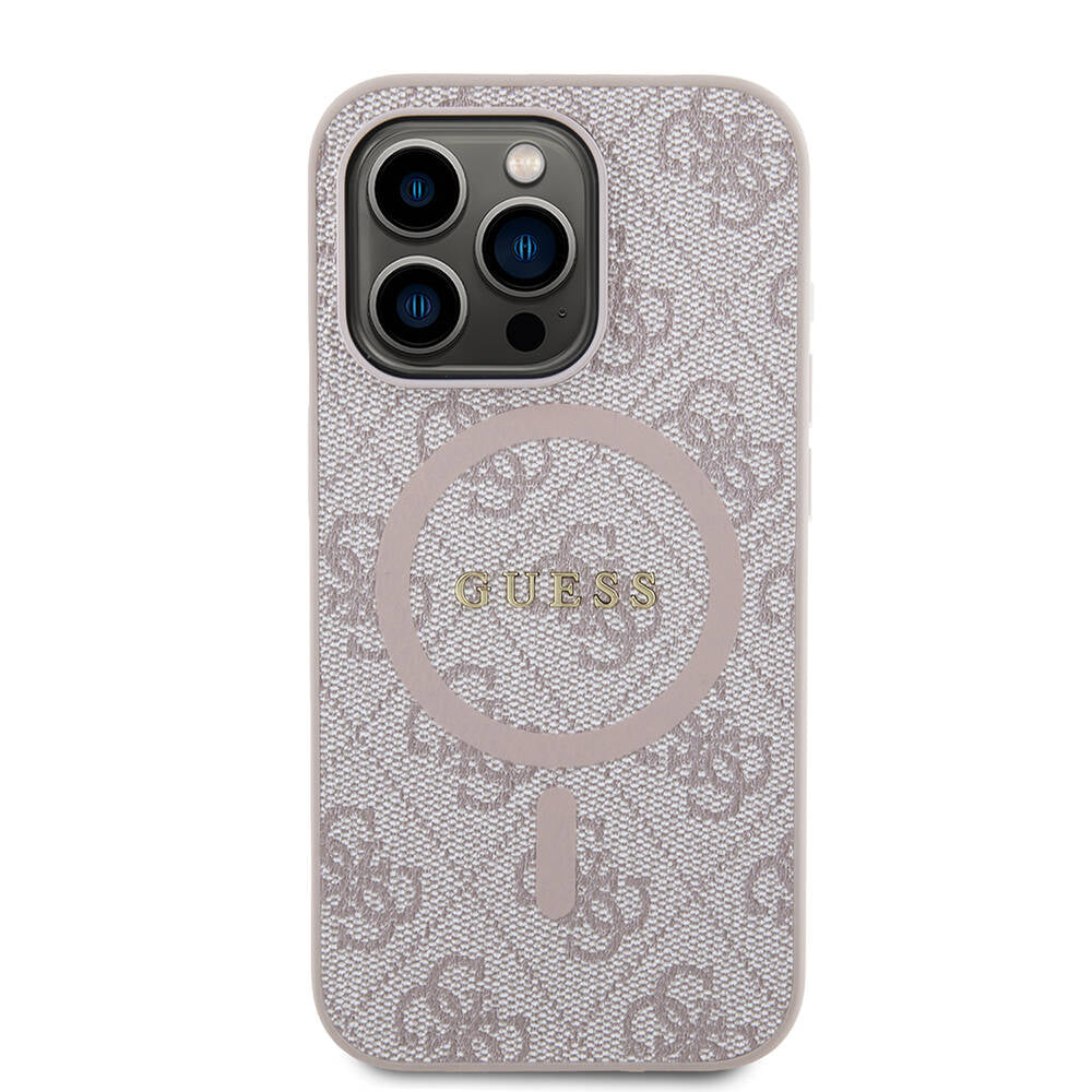 Apple iPhone 14 Pro Case Guess Original Licensed M-safe Charging Feature PU Ring 4G Patterned Text Logo Cover Pink