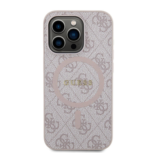 Apple iPhone 14 Pro Case Guess Original Licensed M-safe Charging Feature PU Ring 4G Patterned Text Logo Cover Pink