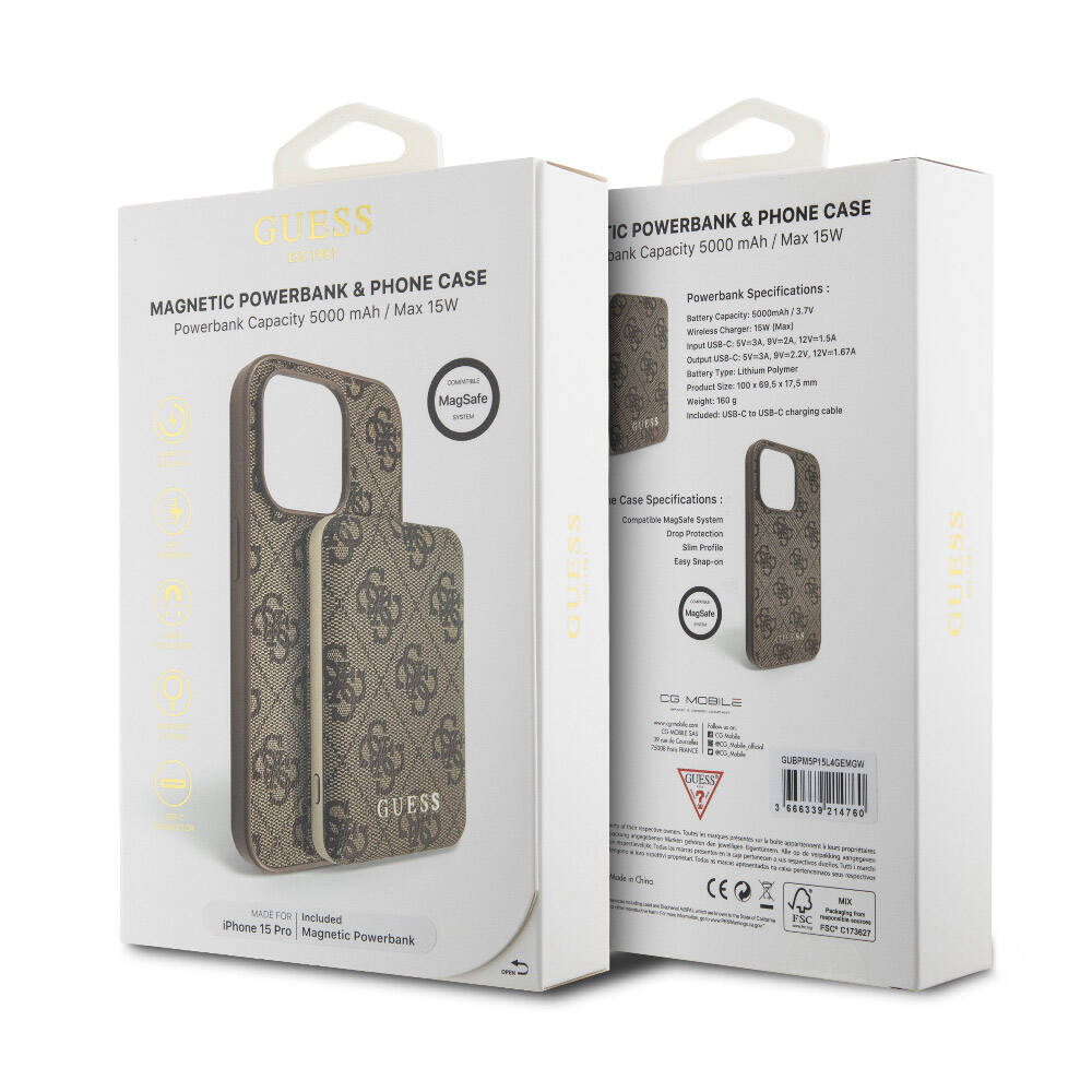 Apple iPhone 14 Pro Case Guess Original Licensed M-safe Charging Feature Text Logo 4G Patterned Cover + Powerbank 5000mAh 2in1 Set Brown 