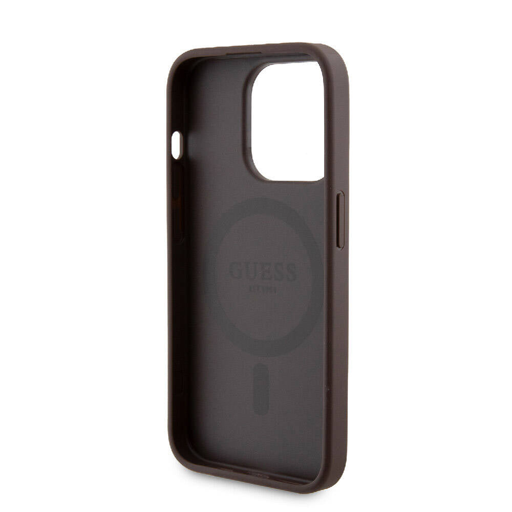 Apple iPhone 14 Pro Case Guess Original Licensed M-safe Charging Feature Text Logo 4G Patterned Cover + Powerbank 5000mAh 2in1 Set Brown 