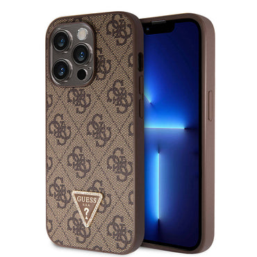 Apple iPhone 14 Pro Case Guess Original Licensed PU Leather Stone Triangle Logo 4G Patterned Cover Brown
