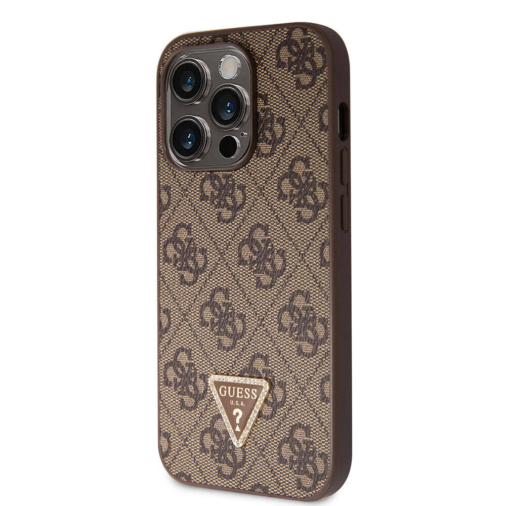Apple iPhone 14 Pro Case Guess Original Licensed PU Leather Stone Triangle Logo 4G Patterned Cover Brown