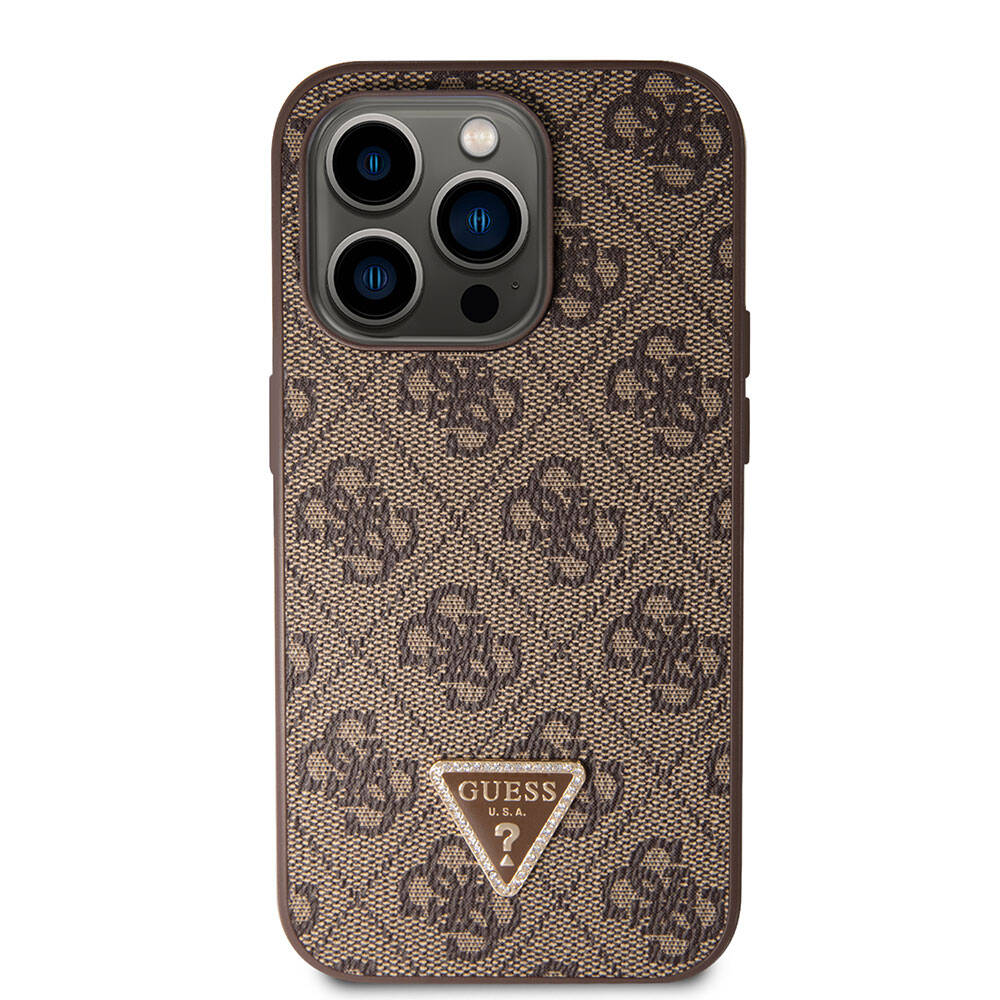 Apple iPhone 14 Pro Case Guess Original Licensed PU Leather Stone Triangle Logo 4G Patterned Cover Brown